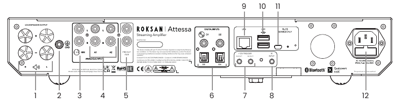 Conexiones traseras del amplificador de streaming