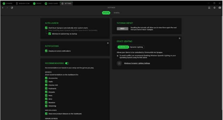 CONFIGURACI&Oacute;N DEL DISPOSITIVO - Ajustes de Synapse