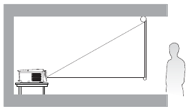 Proyector colocado sobre la mesa detr&aacute;s de la pantalla