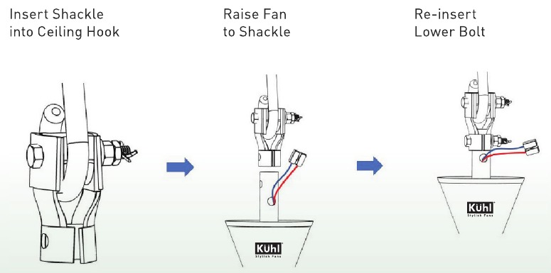 Instale el grillete y cuelgue el ventilador