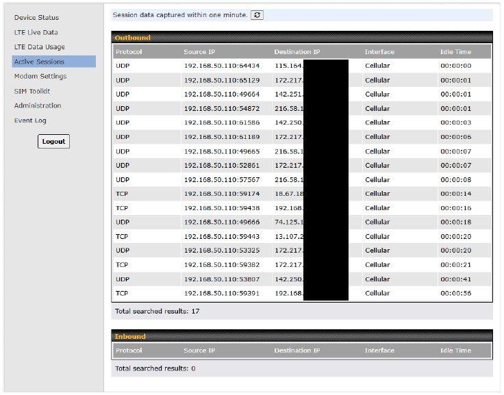 Interfaz de usuario de configuraci&oacute;n del dispositivo - Sesiones activas