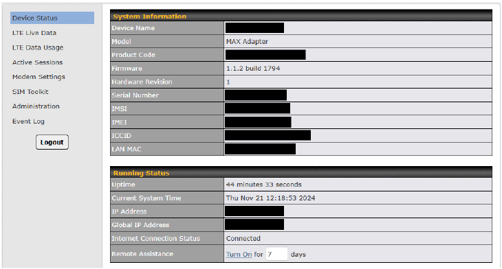 Interfaz de usuario de configuraci&oacute;n del dispositivo - Estado del dispositivo