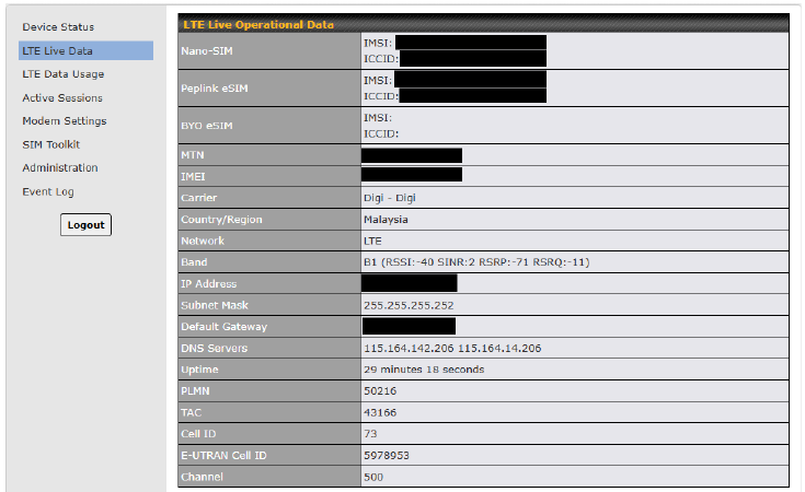 Interfaz de usuario de configuraci&oacute;n del dispositivo - Datos en vivo de LTE