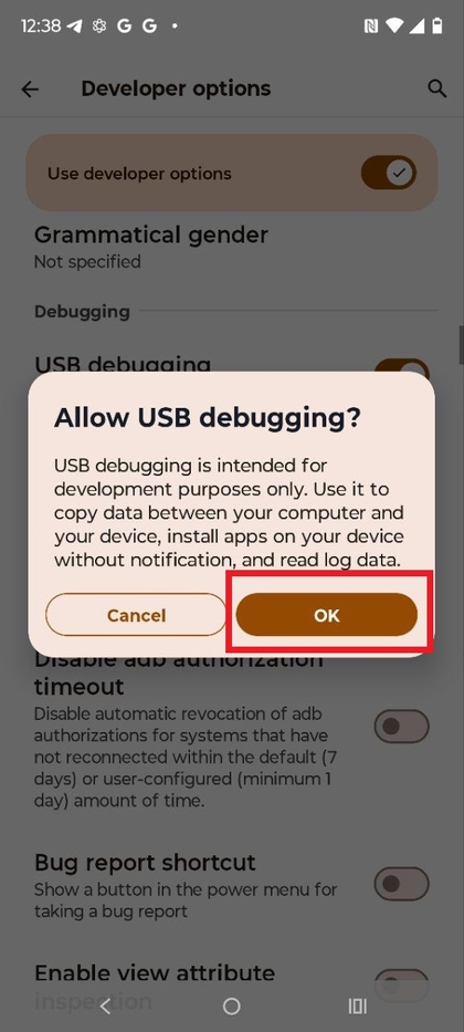 Aviso para permitir la depuraci&oacute;n USB