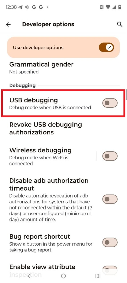 Alternancia de la opci&oacute;n de depuraci&oacute;n USB