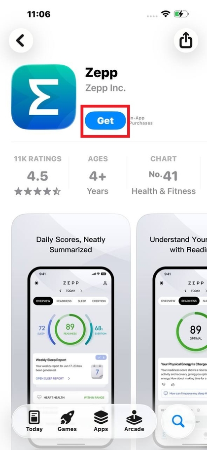 Descarga de la app Zepp en iPhone