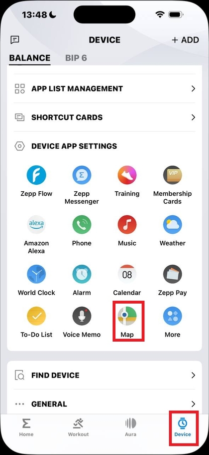Pantalla del men&uacute; del dispositivo en la aplicaci&oacute;n Zepp