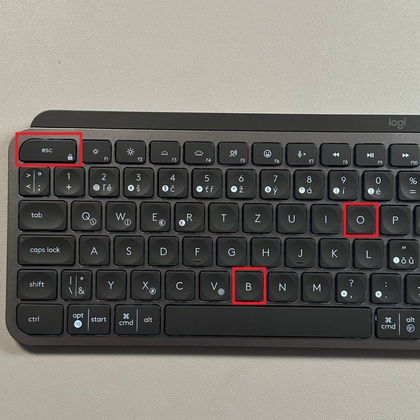 Imagen que muestra la secuencia de teclas Escape, O y B en el Logitech MX Keys S