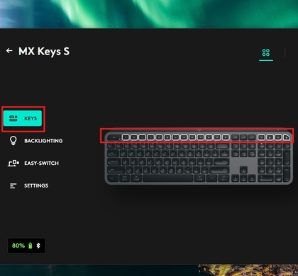 Seleccionando MX Keys S en la aplicaci&oacute;n Logi Options+