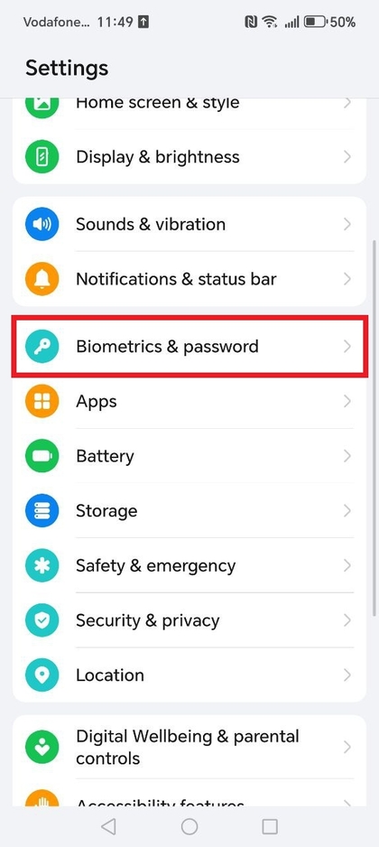 Opci&oacute;n de biometr&iacute;a y contrase&ntilde;a en Ajustes