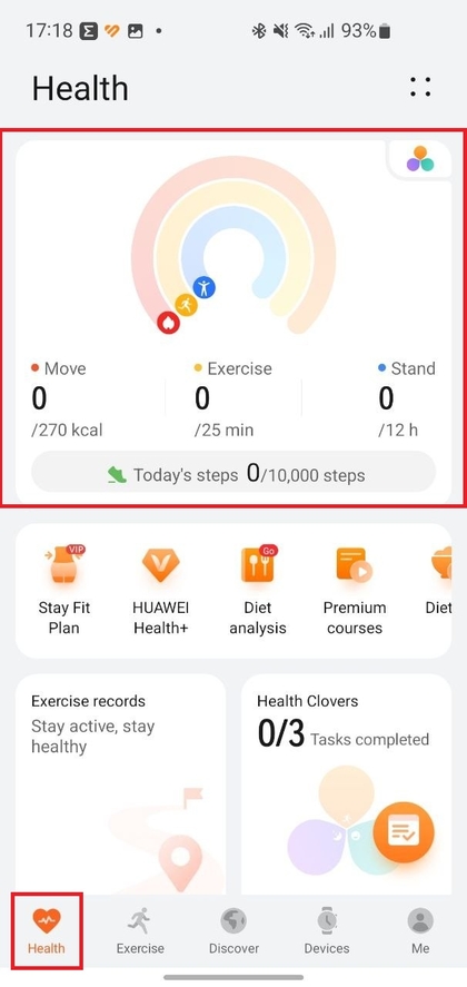 Pantalla principal de la aplicaci&oacute;n Huawei Health que muestra las estad&iacute;sticas de salud