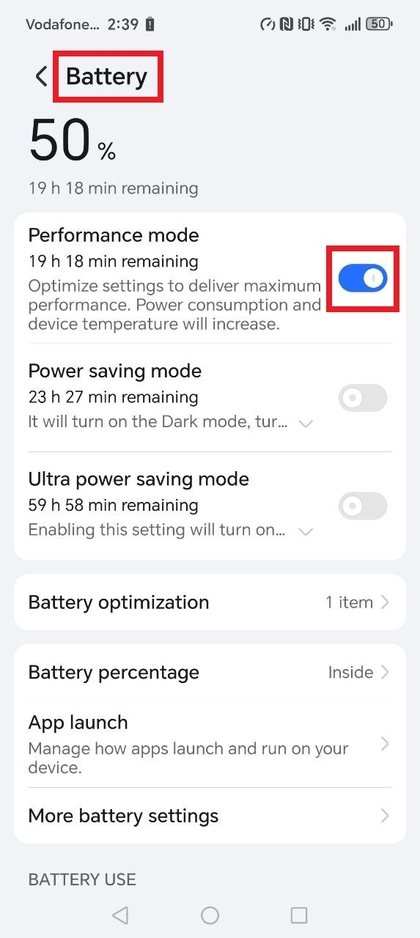Activaci&oacute;n del modo de rendimiento en el HONOR 400 Lite