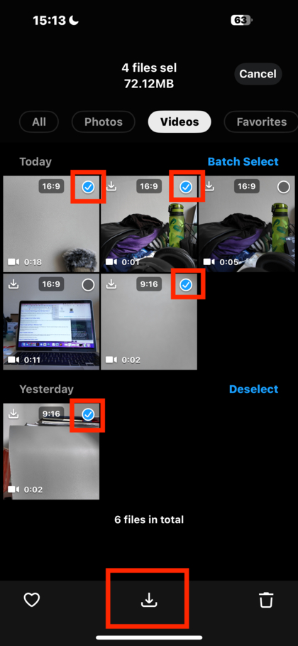 Selecci&oacute;n de varios v&iacute;deos para descargar en la aplicaci&oacute;n DJI Mimo