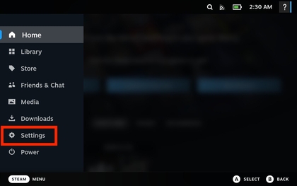 Men&uacute; de ajustes de Steam Deck OLED