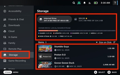 Vista de almacenamiento en Steam Deck OLED