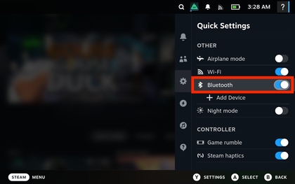 Men&uacute; de ajustes de Bluetooth en Steam Deck