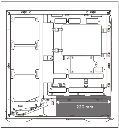 Espacio libre del hardware - Espacio libre para la longitud de la fuente de alimentaci&oacute;n
