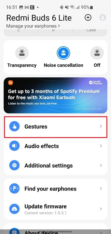 Ajustes de gestos en la aplicaci&oacute;n Xiaomi Earbuds