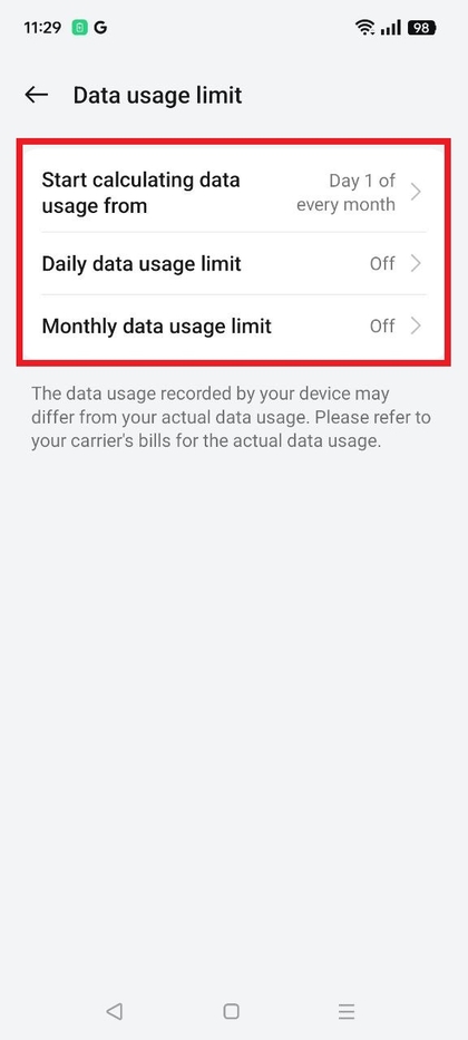 Elegir l&iacute;mite de uso de datos