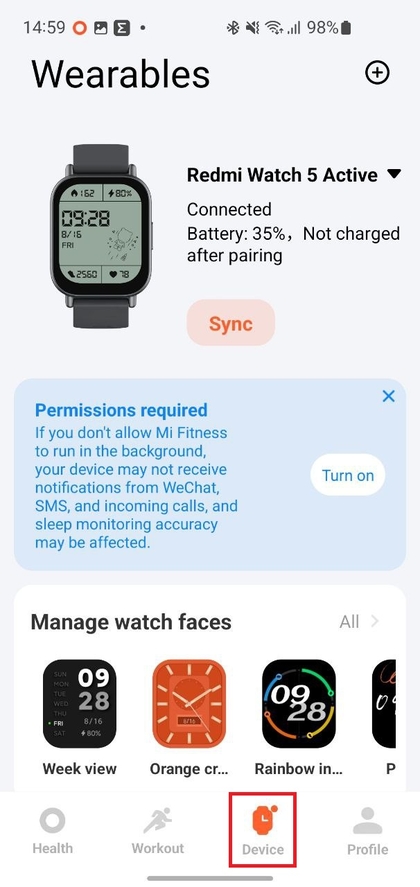Navegando a la secci&oacute;n Dispositivo en la aplicaci&oacute;n Mi Fitness