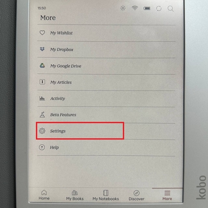 Bot&oacute;n M&aacute;s y selecci&oacute;n de ajustes de Kobo Libra Colour