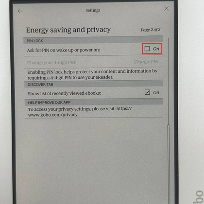 Opci&oacute;n de bloqueo con PIN en Kobo Libra Colour