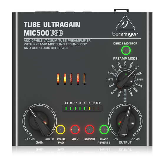 Behringer TUBE ULTRAGAIN MIC500USB Guia De Inicio Rapido