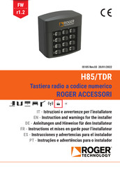 Roger Technology H85/TDR Instrucciones Y Advertencias Para El Instalador